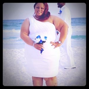 One shoulder, knee length ,white dress